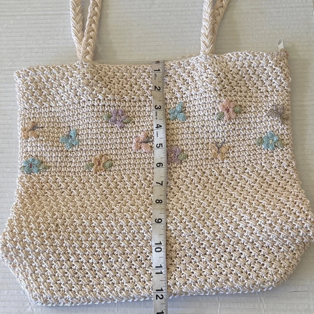 Woven Cream Crochet Shoulder Tote Bag Pastel Floral Embroidered Cottagecore - Picture 8 of 12